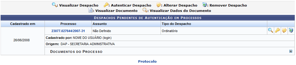 Figura 1: Despachos Pendentes de Autenticação em Processos