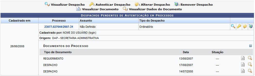 Figura 2: Despachos Pendentes de Autenticação em Processos; Documentos do Processo