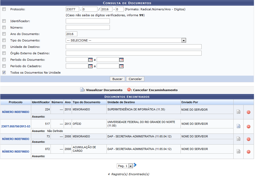 Figura 2: Consulta de Documentos; Documentos Encontrados