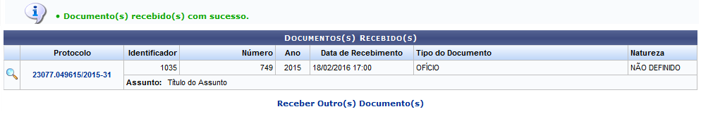 Figura 8: Mensagem de Sucesso da Operação; Documentos(s) Recebido(s)
