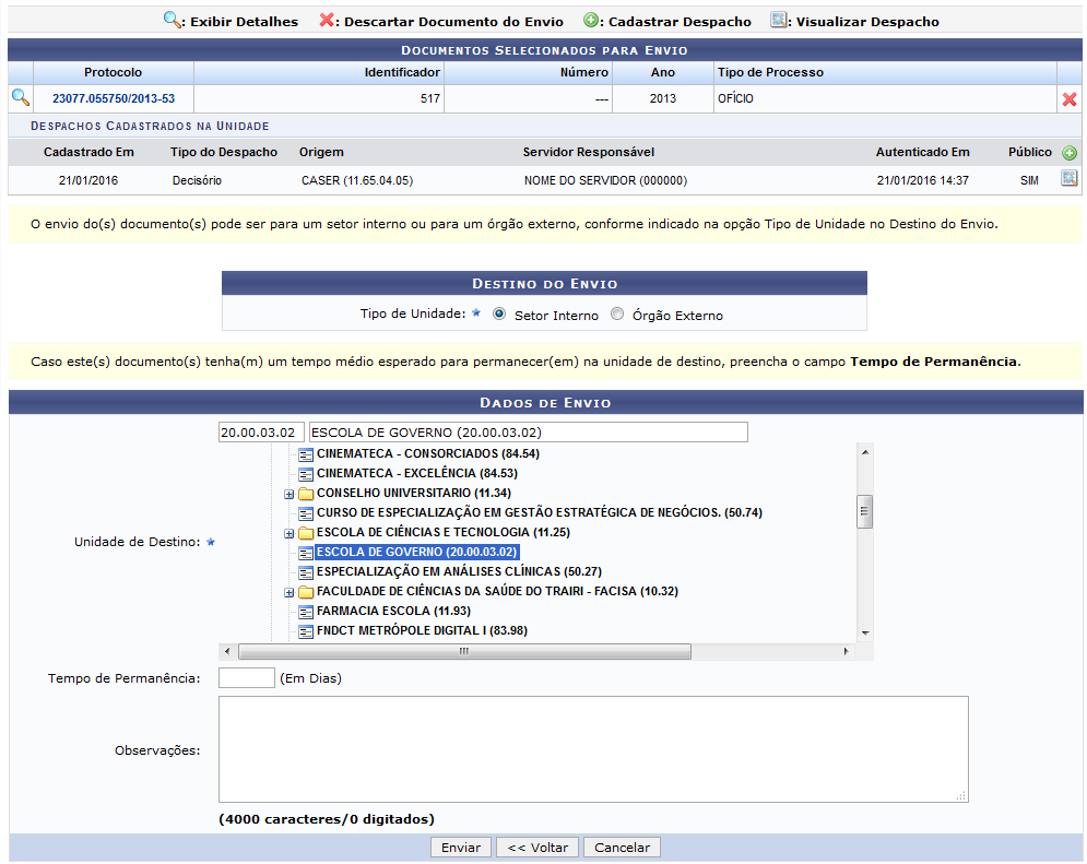 Figura 5: Documentos Selecionados para Envio; Destino do Envio; Dados de Envio