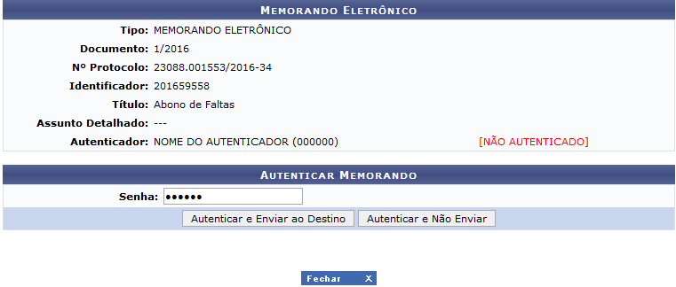Figura 4: Memorando Eletrônico; Autenticar Memorando