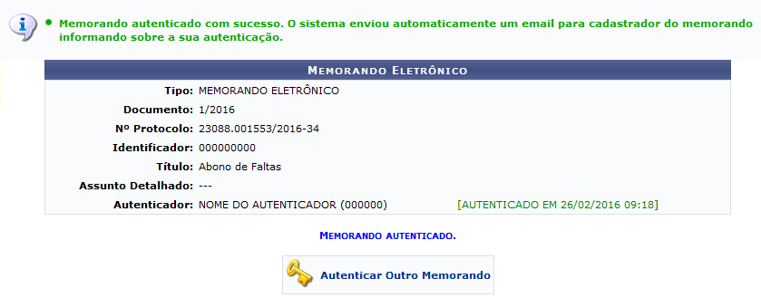 Figura 5: Mensagem de Sucesso de Autenticação do Memorando; Memorando Eletrônico