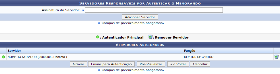 Figura 9: Servidores Responsáveis por Autenticar o Memorando; Servidores Adicionados a Lista