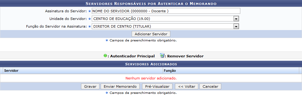 Figura 8: Servidores Responsáveis por Autenticar o Memorando; Servidores Adicionados