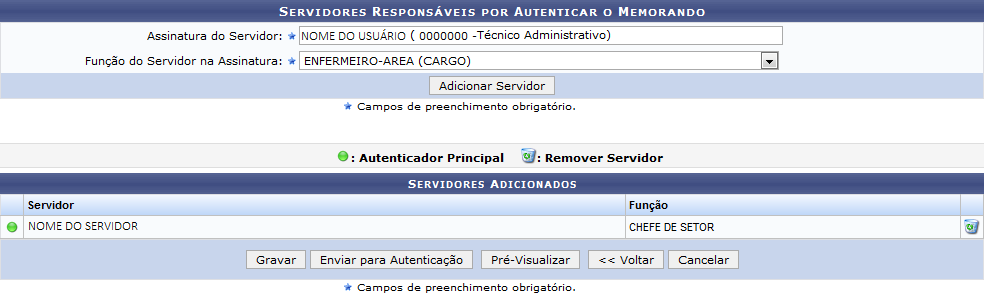 Figura 12: Servidores Responsáveis por Autenticar o Memorando; Servidores Adicionados