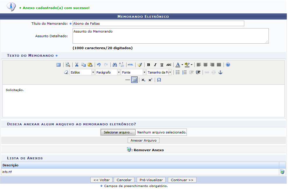 Figura 8: Mensagem de Sucesso do Anexo do Arquivo; Memorando Eletrônico