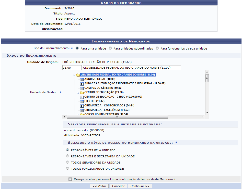 Figura 10: Dados do Memorando; Encaminhamento de Memorando