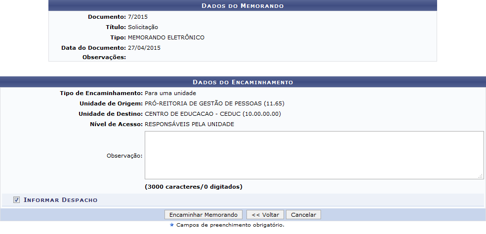 Figura 4: Dados do Memorando; Dados do Encaminhamento