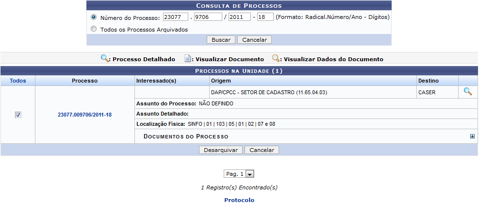 Figura 1: Consulta de Processos; Processos na Unidade