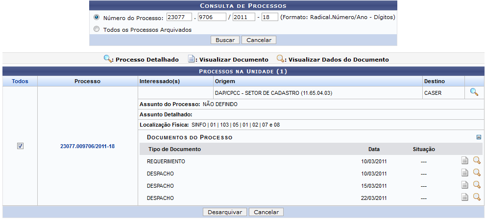 Figura 2: Consulta de Processos; Processos na Unidade