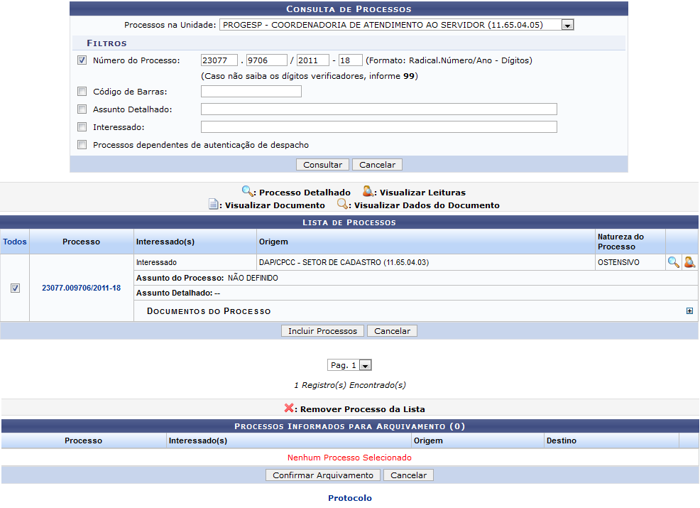 Figura 1: Consulta de processos; Lista de Processos