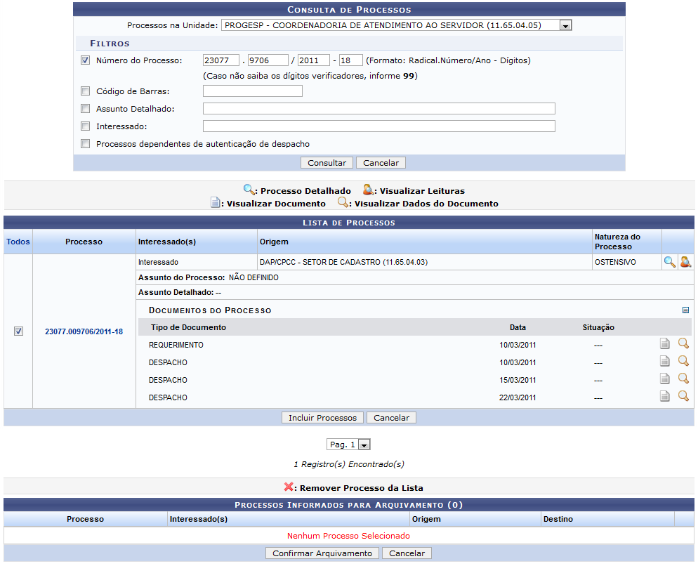 Figura 2: Consulta de Processos; Lista de Processos; Documentos do Processo; Processos Informados para Arquivamento