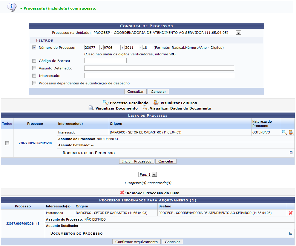 Figura 8: Mensagem de Sucesso; Consulta de Processos; Lista de Processos; Processos Informados para Arquivamento