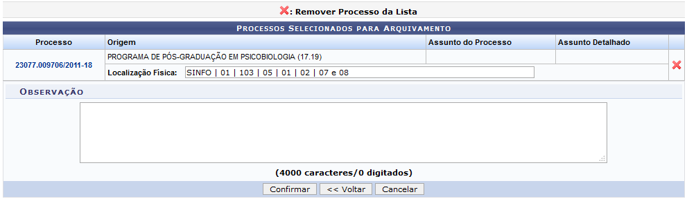 Figura 11: Processos Selecionados para Arquivamento