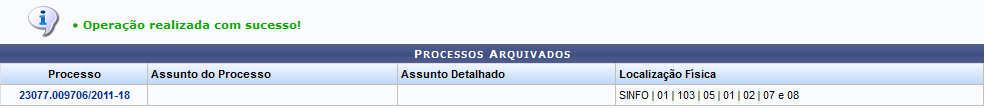 Figura 13: Mensagem de Sucesso do Arquivamento dos Processos; Processos Arquivados