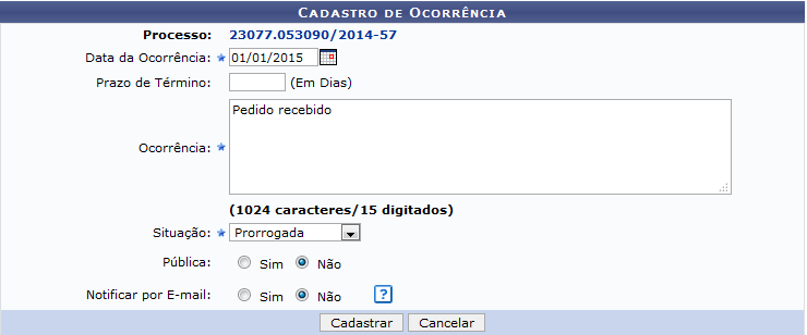 Figura 8: Cadastro de Ocorrência