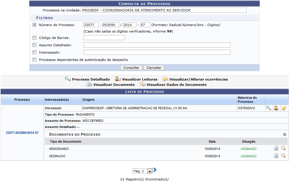 Figura 2: Consulta de Processos; Lista de Processos; Documentos do Processo