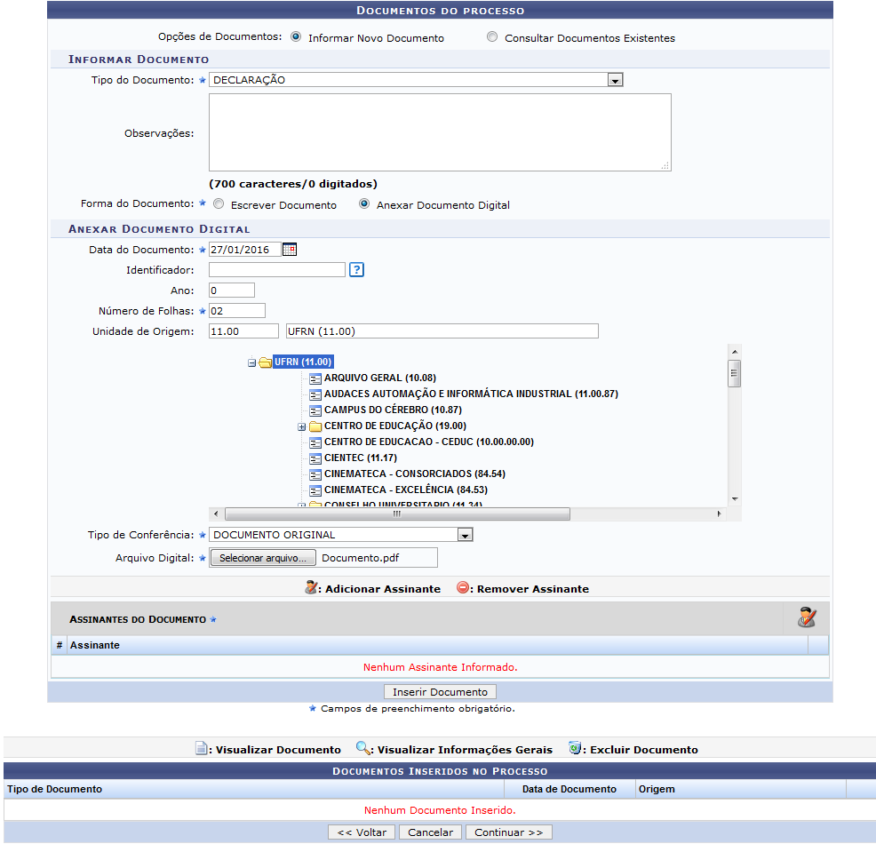 Figura 5: Documentos do Processo; Documentos Inseridos no Processo; Anexar Documento Digital