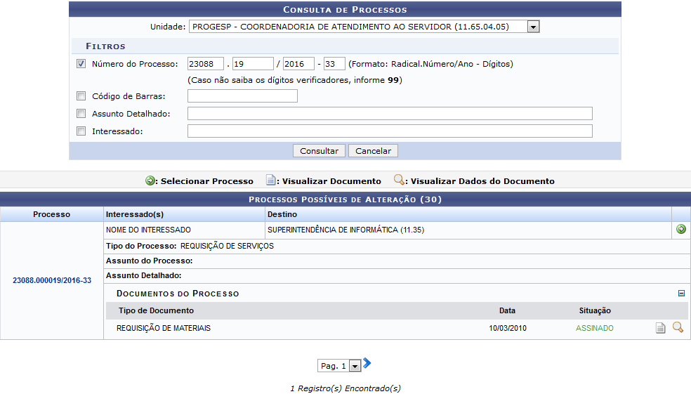 Figura 2: Consulta de Processos; Processos Possíveis de Alteração; Documentos do Processo