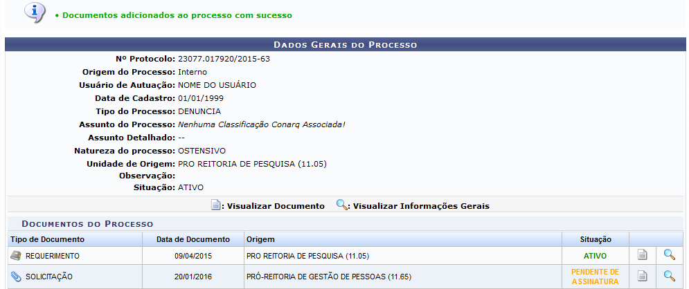 Figura 17: Mensagem de Sucesso; Dados Gerais do Processo