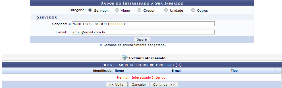 Figura 13: Dados do Interessado a Ser Inserido