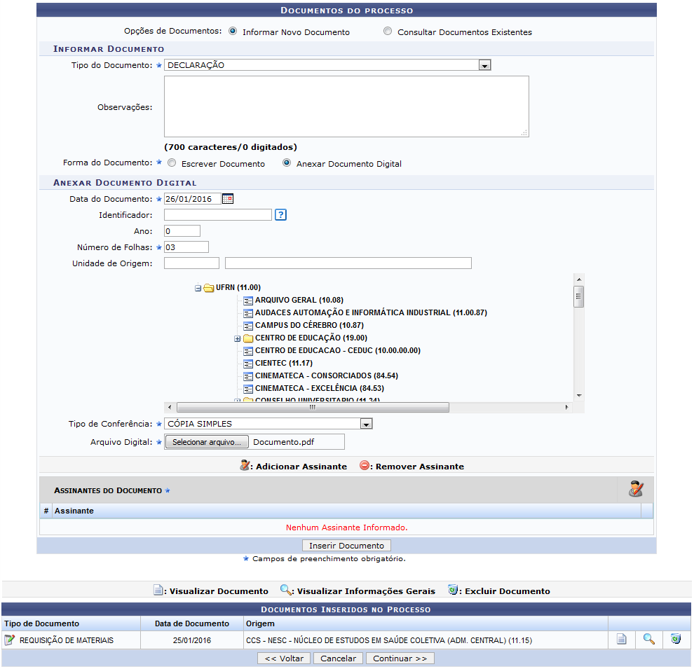 Figura 10: Documentos do Processo; Documentos Inseridos no Processo