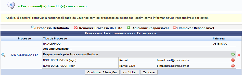 Figura 12: Mensagem de Sucesso da Inserção do Responsável; Processos Selecionados para Recebimento