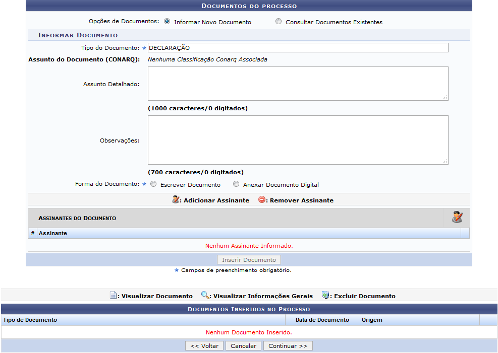 Figura 3: Documentos do Processo; Documentos Inseridos no Processo