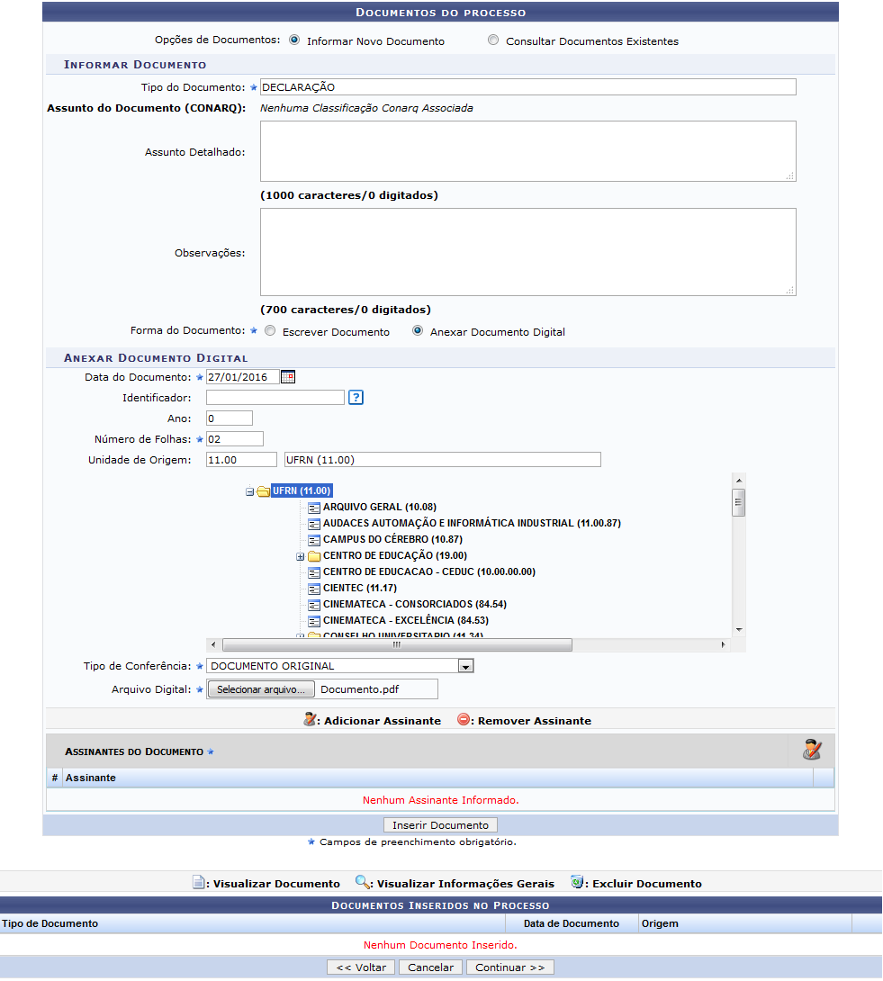 Figura 6: Documentos do Processo; Documentos Inseridos no Processo; Anexar Documento Digital