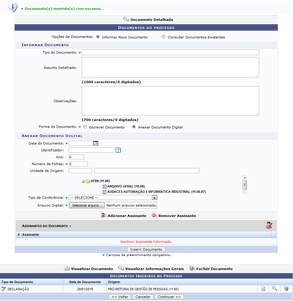 Figura 9: Mensagem de Sucesso da Operação; Documentos do Processo; Documentos Inseridos no Processo