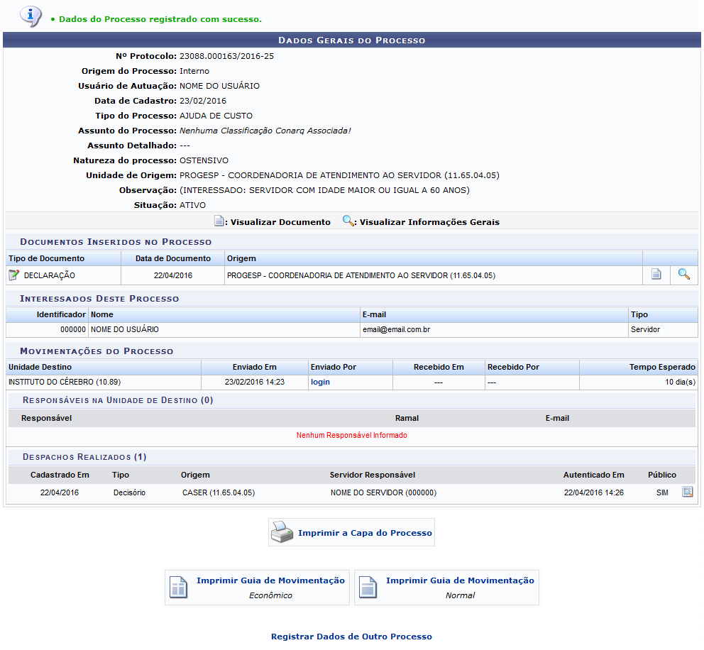 Figura 21: Mensagem de Sucesso da Operação; Dados Gerais do Processo