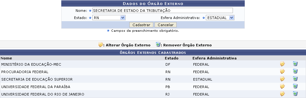 Figura 1: Dados do Órgão Externo; Órgãos Externos Cadastrados