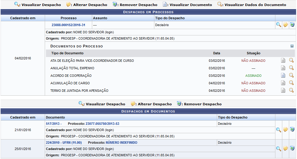 Figura 2: Despachos em Processo; Despachos em Documento