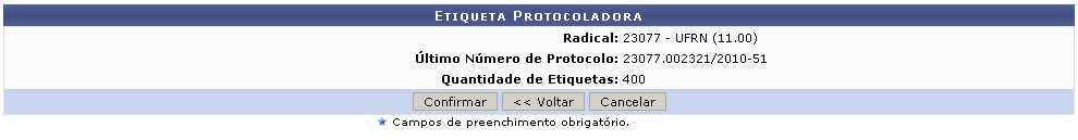 Figura 2: Confirmar Geração de Etiquetas