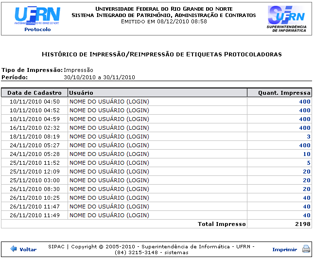 Figura 2: Histórico de Impressão/Reimpressão de Etiquetas para Capa