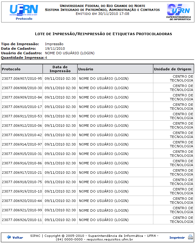 Figura 3: Lote de Impressão/Reimpressão de Etiquetas para Capa