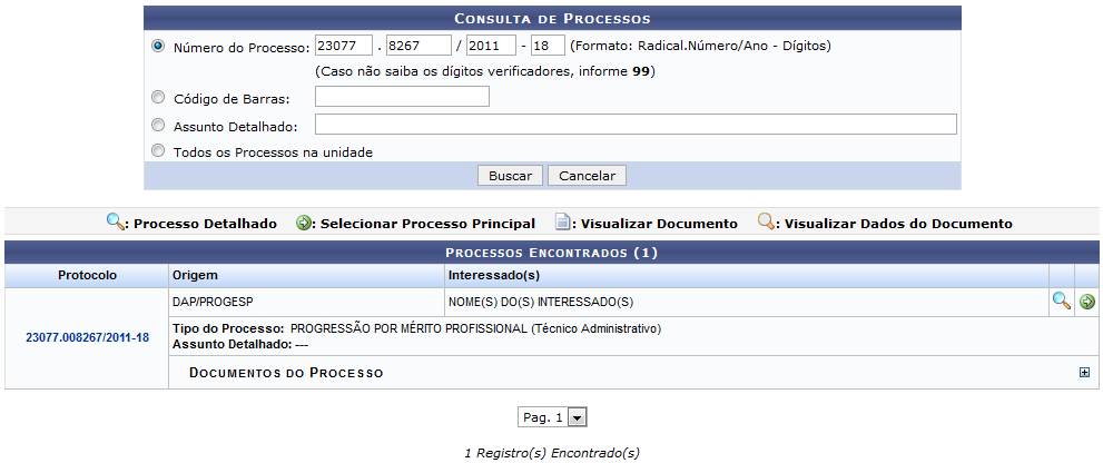 Figura 2: Consulta de Processos; Processos Encontrados