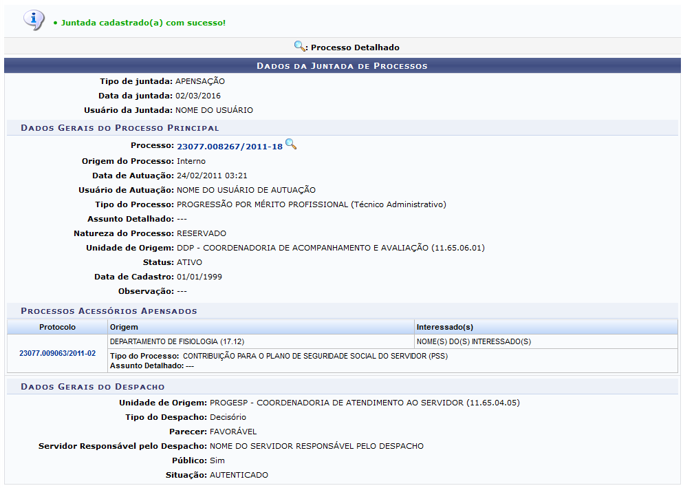 Figura 12: Mensagem de Sucesso da Juntada dos Processos; Dados da Juntada de Processos