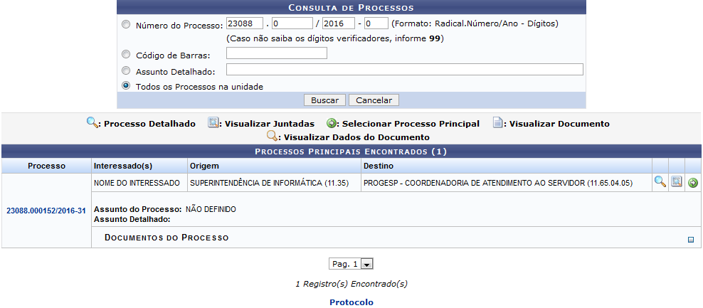 Figura 1: Consulta de Processos; Processos Principais Encontrados