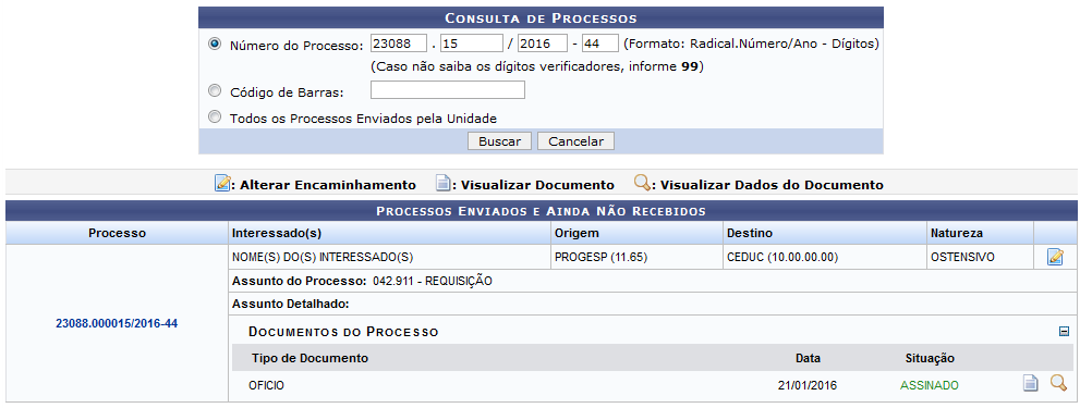 Figura 2: Consulta de Processos; Processos Enviados e Ainda Não Recebidos; Documentos do Processo