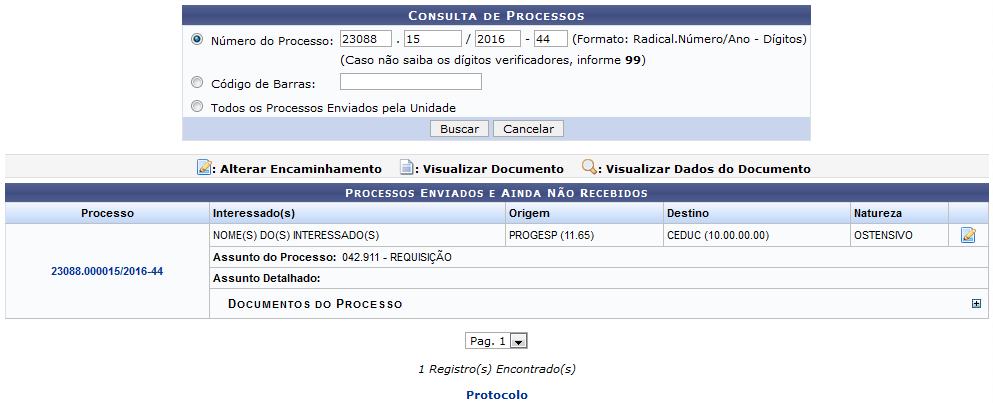 Figura 1: Consulta de Processos; Processos Enviados e Ainda Não Recebidos