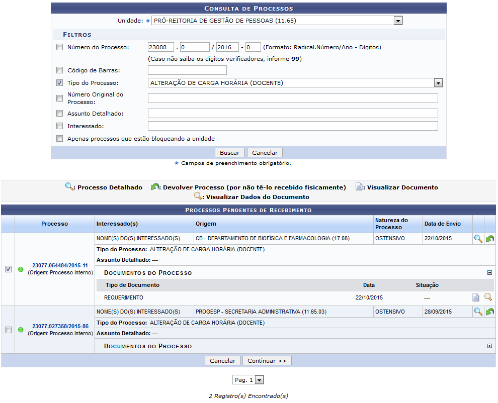 Figura 2: Consulta de Processos; Processos Pendentes de Recebimento; Documentos do Processo