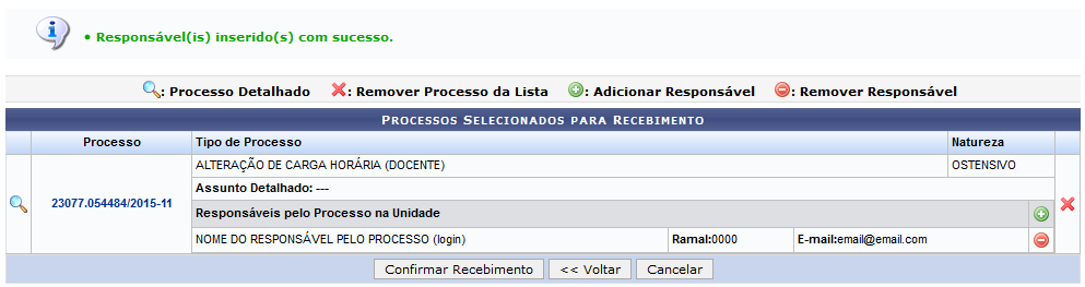 Figura 11: Mensagem de Sucesso da Inserção dos Responsáveis pelo Processo; Processos Selecionados para Recebimento - Parte 2