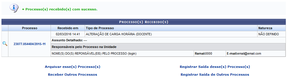 Figura 16: Mensagem de Sucesso de Recebimento do Processos; Processos Recebidos