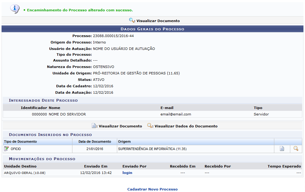 Figura 8: Mensagem de Sucesso de Alteração do Encaminhamento do Processo; Dados Gerais do Processo - Etapa Final