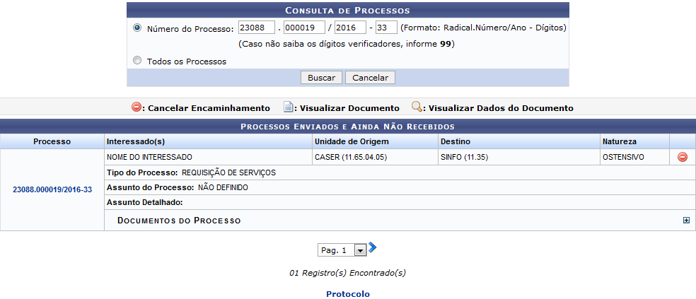 Figura 1: Consulta de Processos; Processos Enviados e Ainda não Recebidos