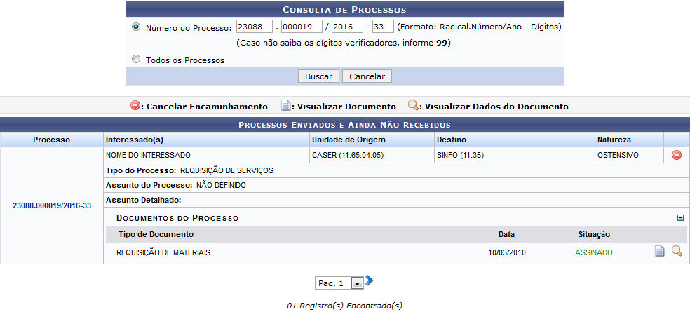 Figura 2: Consulta de Processos; Processos Enviados e Ainda não Recebidos; Documentos do Processo