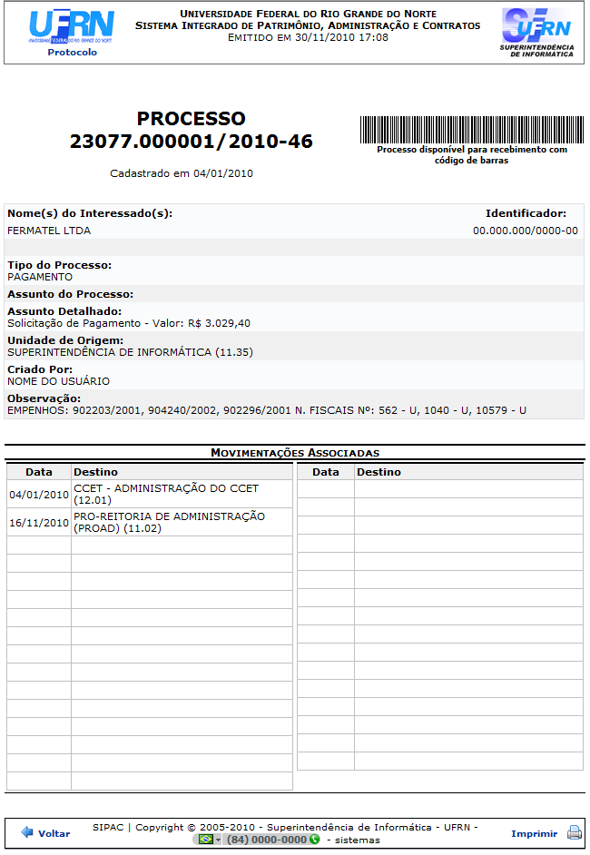 Figura 3: Visualização para Impressão da Capa do Processo