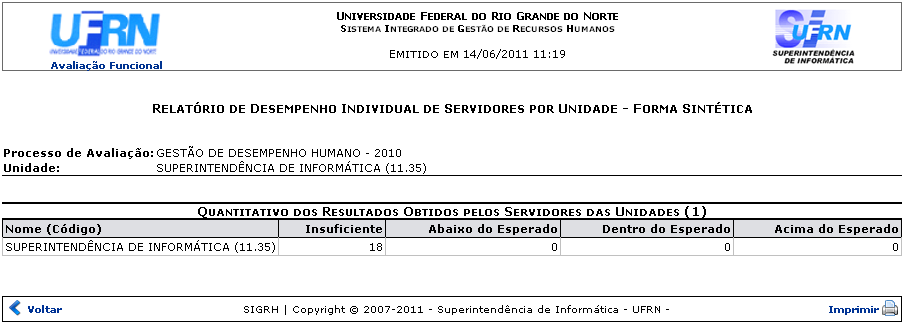 Figura 2: Relatório de Desempenho Individual de Servidores por Unidade - Forma Sintética 
